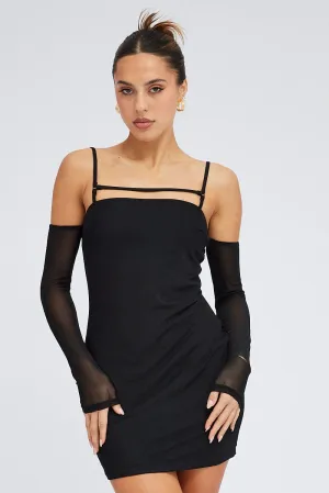 Black Mini Dress Long Sleeve Cold Shoulder Bodycon Mesh Girls Night
