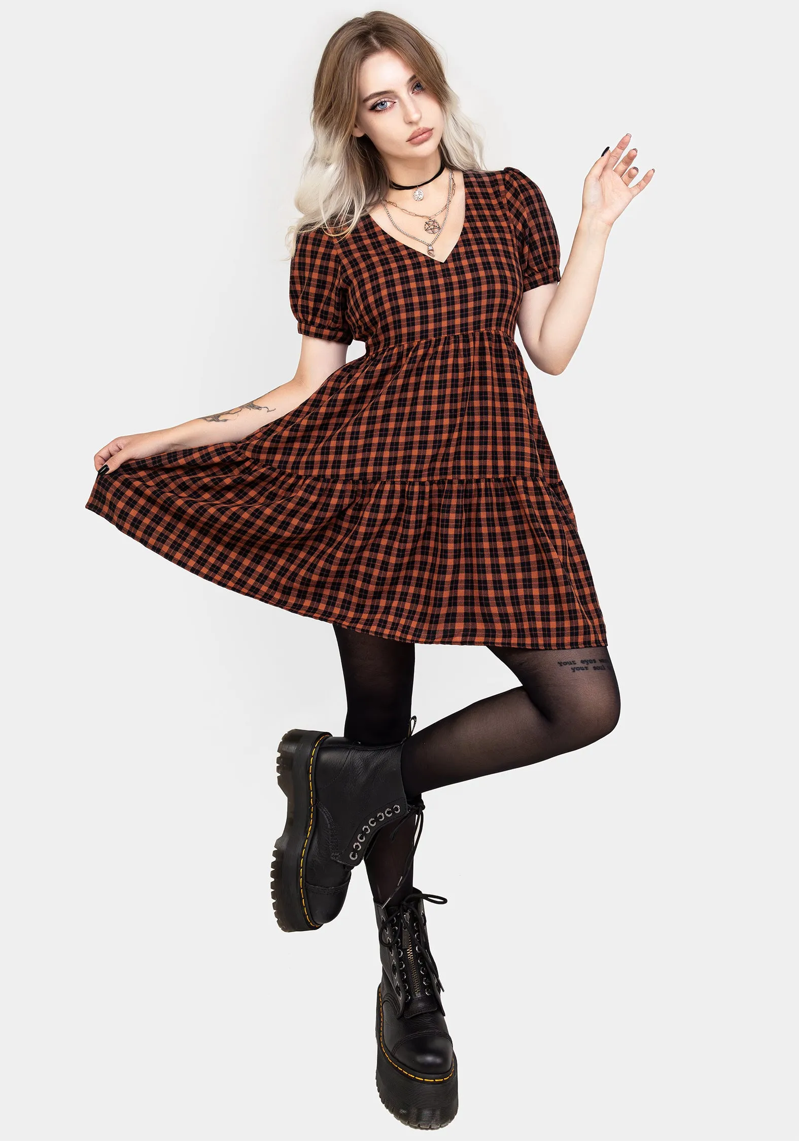 Terra Check Mini Smock Dress - Orange Layered Panel Design
