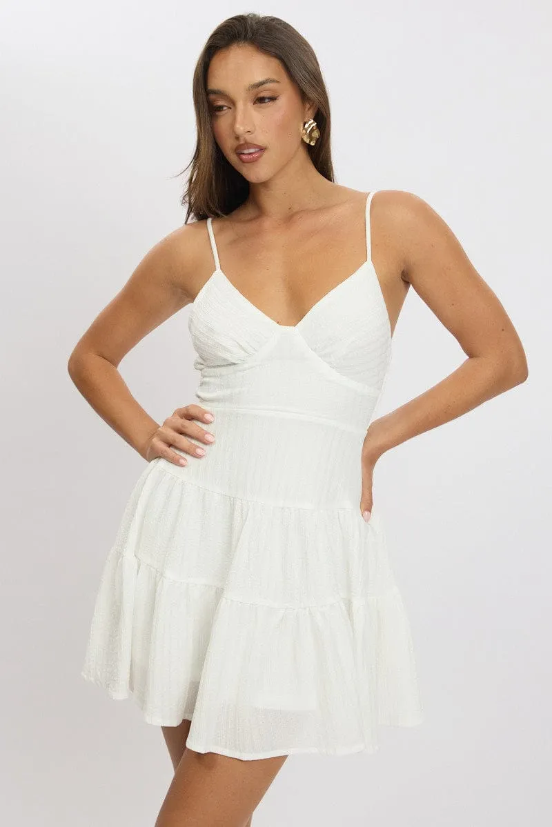White Fit And Flare Dress Mini Textured Fabric Edge Light Bar Glow