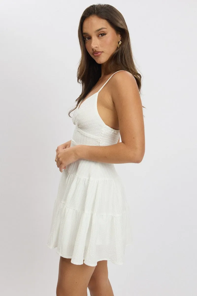 Adjustable Hem White Fit And Flare Dress Mini Textured Fabric