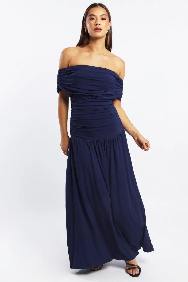 Shimmer Light Petal Rain Blue Off Shoulder Maxi Dress