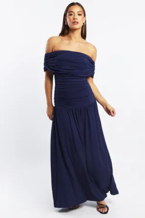 Shimmer Light Petal Rain Blue Off Shoulder Maxi Dress