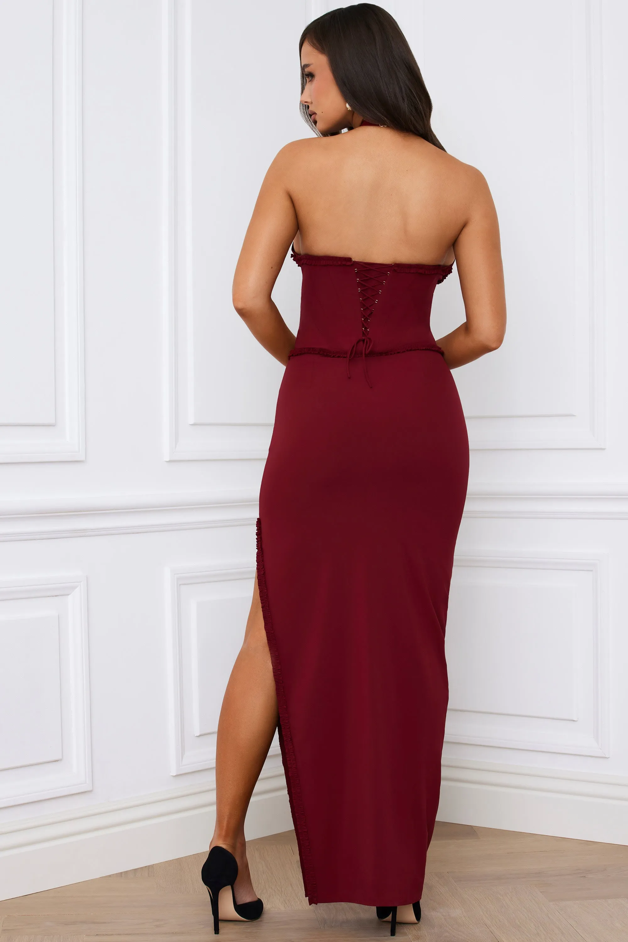 Cream Tone Sunrise Bay Halterneck Lace-Up Corset Maxi Dress in Berry Red