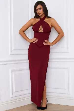Halterneck Lace-Up Corset Maxi Dress in Berry Red With its sleek and chic design this dress is perfect for both casual and formal settings