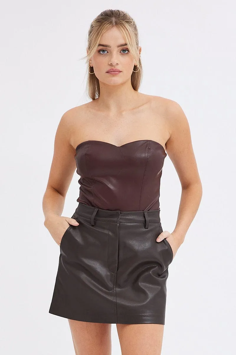 Brown Mini Skirt High Rise Pocket Detail Faux Leather Future Fashion