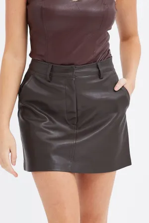 Brown Mini Skirt High Rise Pocket Detail Faux Leather Relaxed Vibes