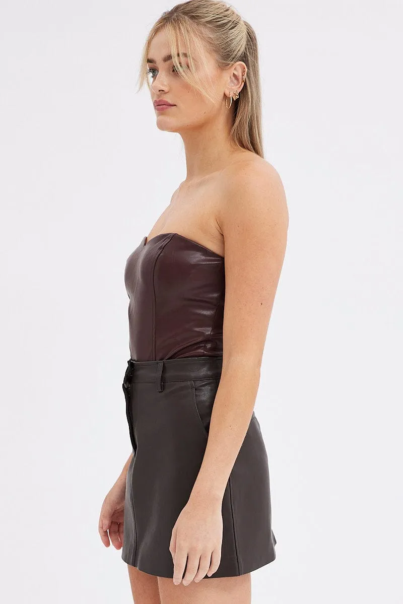 Relaxed Feel muted tone Brown Mini Skirt High Rise Pocket Detail Faux Leather