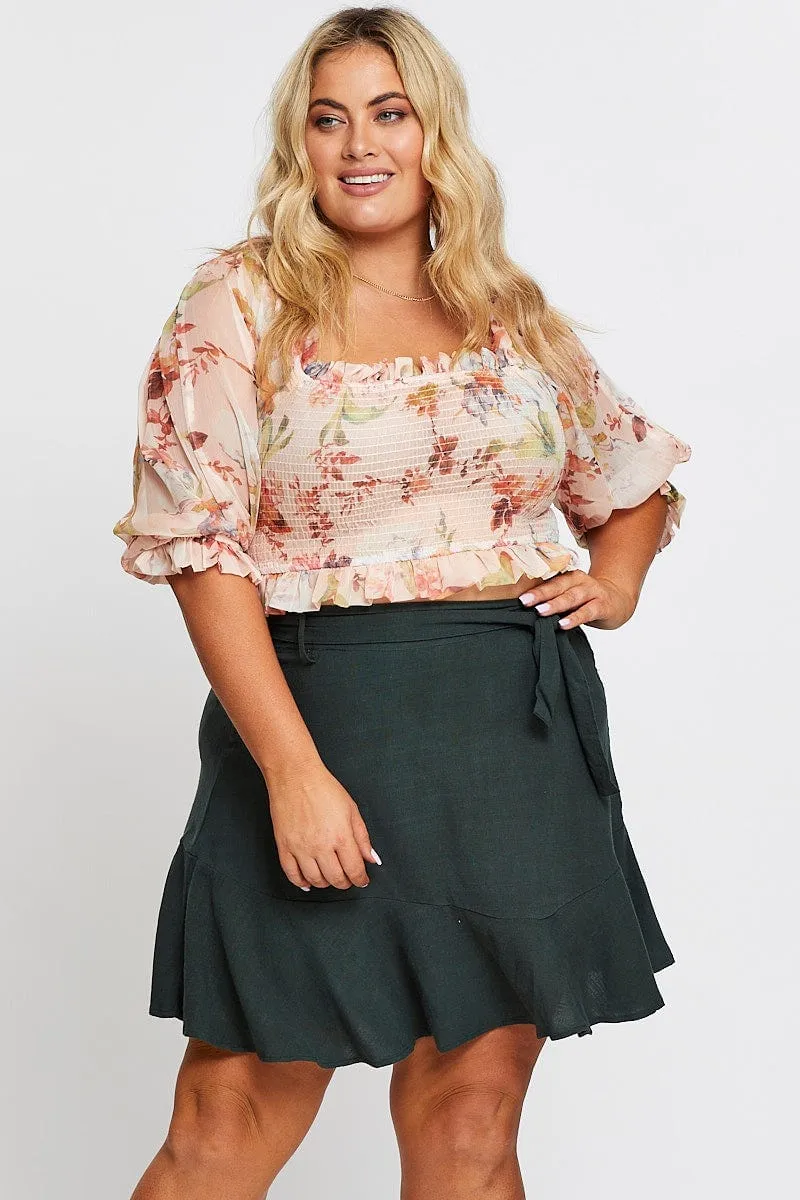 Tagless label Relaxed Style Green High Waist Linen Blend Belted Skirt