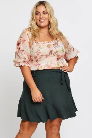 Green High Waist Linen Blend Belted Skirt Recycled Material
