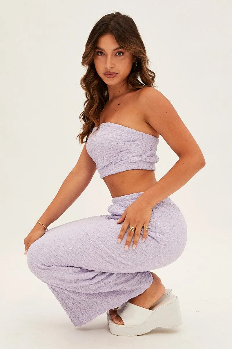 Purple Midi Skirt Elastic Waist Textured Lightweight