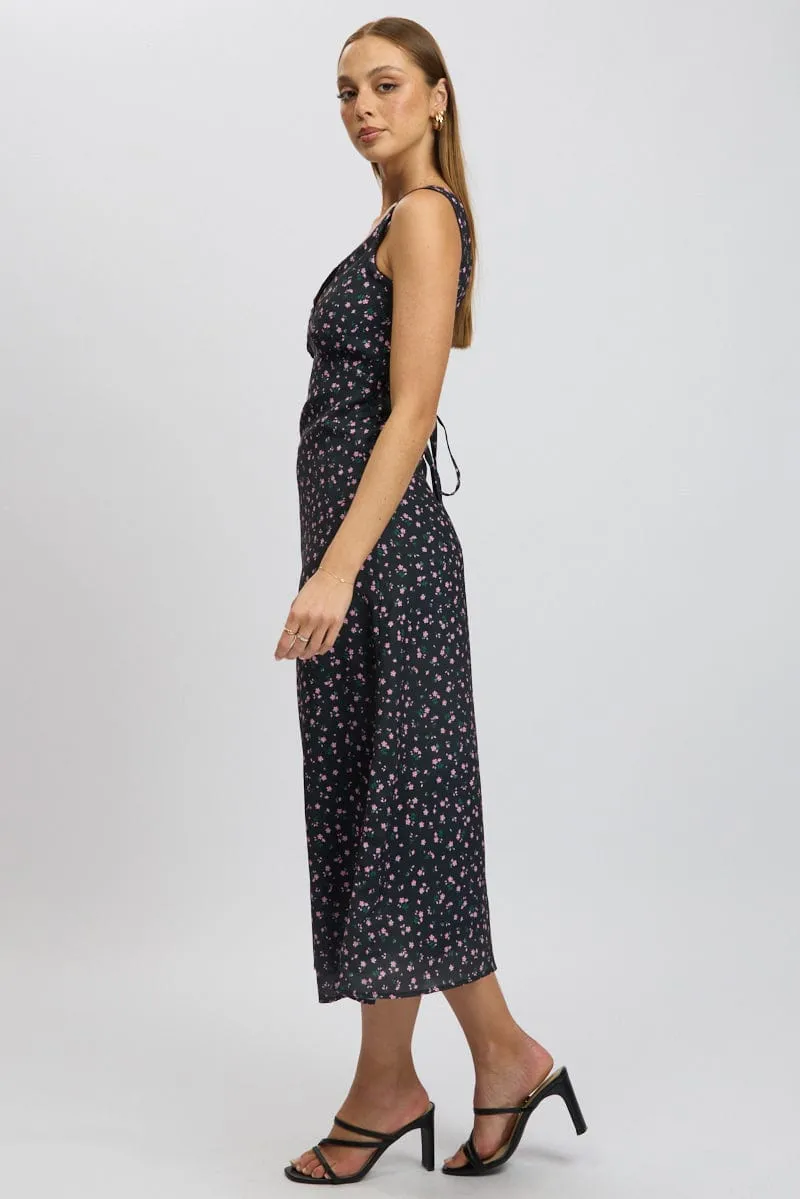 Black Ditsy Maxi Dress V-Neck Ocean Blue