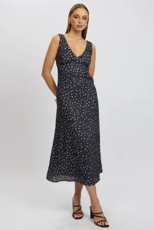 Black Ditsy Maxi Dress V-Neck Petal Path