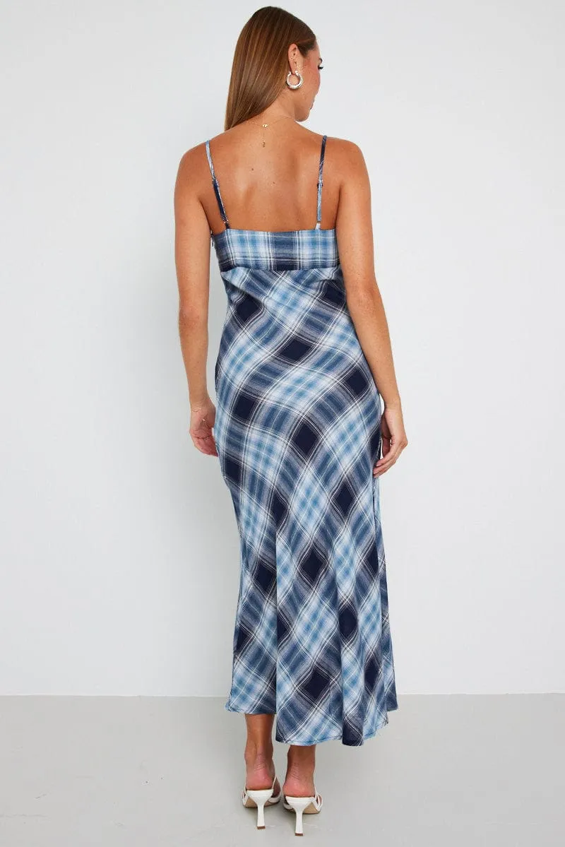 Lantern Arm Multi Check Maxi Slip Dress Bias Cut