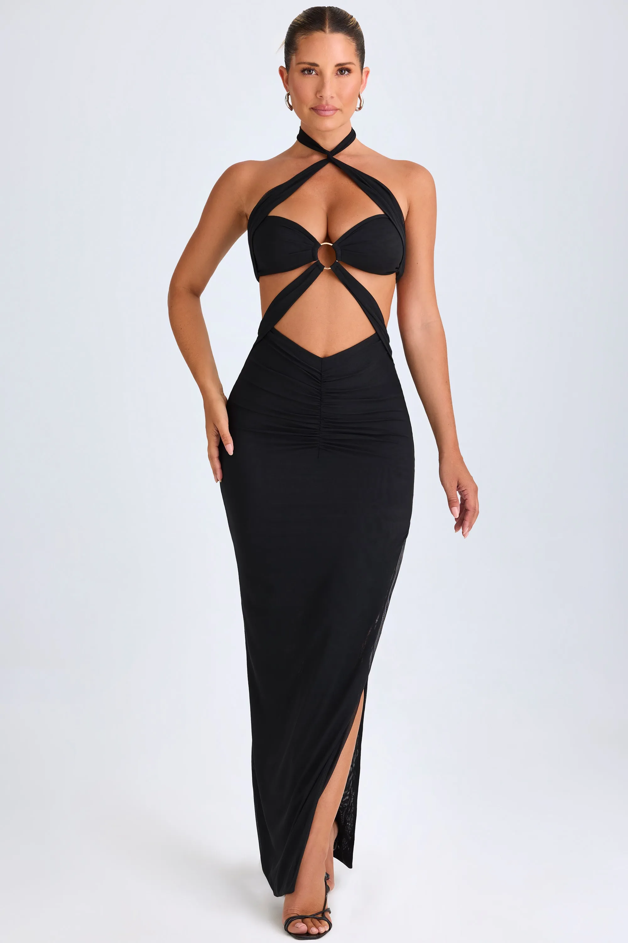 Wind Proof Minimal Line Hardware Detail Cut-Out Halterneck Maxi Dress in Black