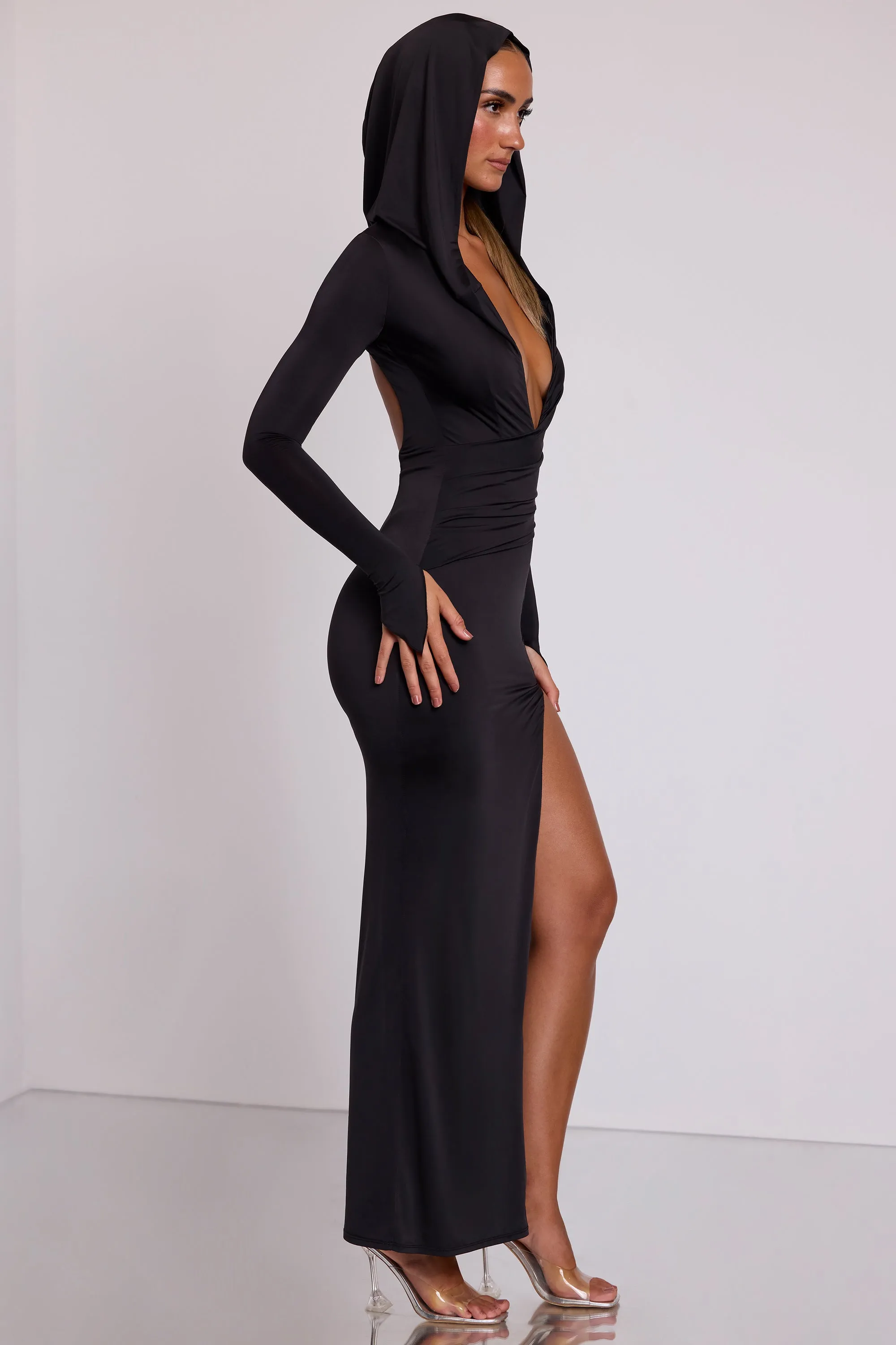 Flare Bottom Color Sky Hooded Long Sleeve Maxi Dress in Black
