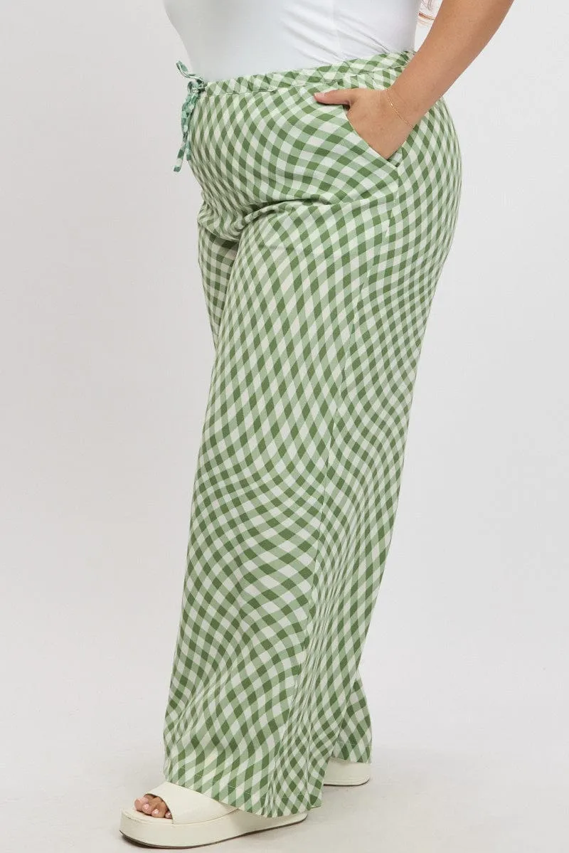 Green Check Drawstring Waist Wide Leg Pants Odor Control Tech