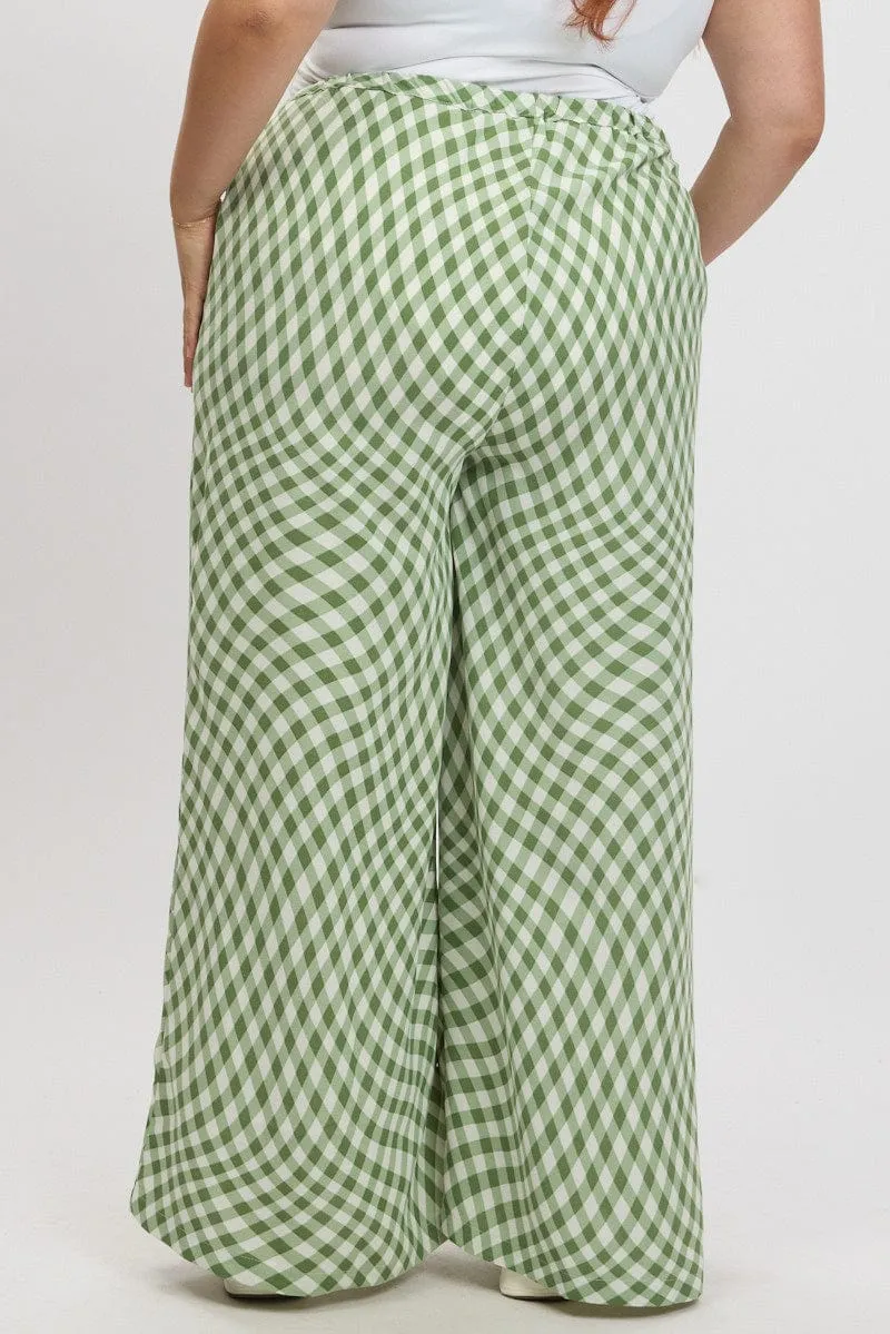 Rayon drape Anti Slip Waistband Green Check Drawstring Waist Wide Leg Pants