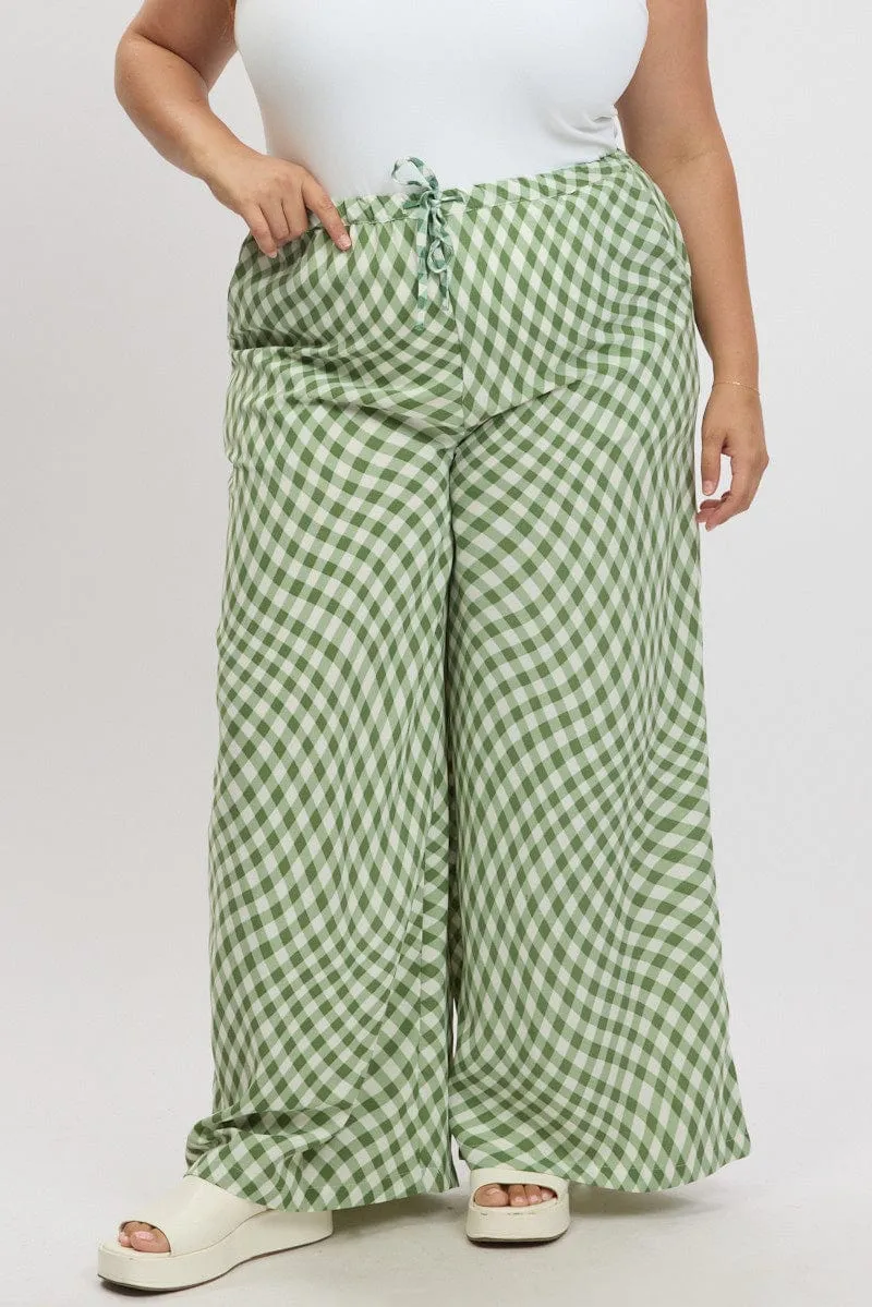 LightweightInsulation CompressionFitFabric Green Check Drawstring Waist Wide Leg Pants