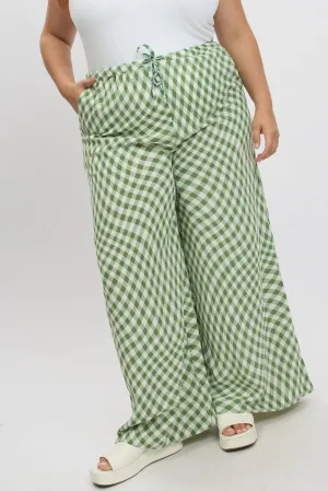 FadeResistant Green Check Drawstring Waist Wide Leg Pants