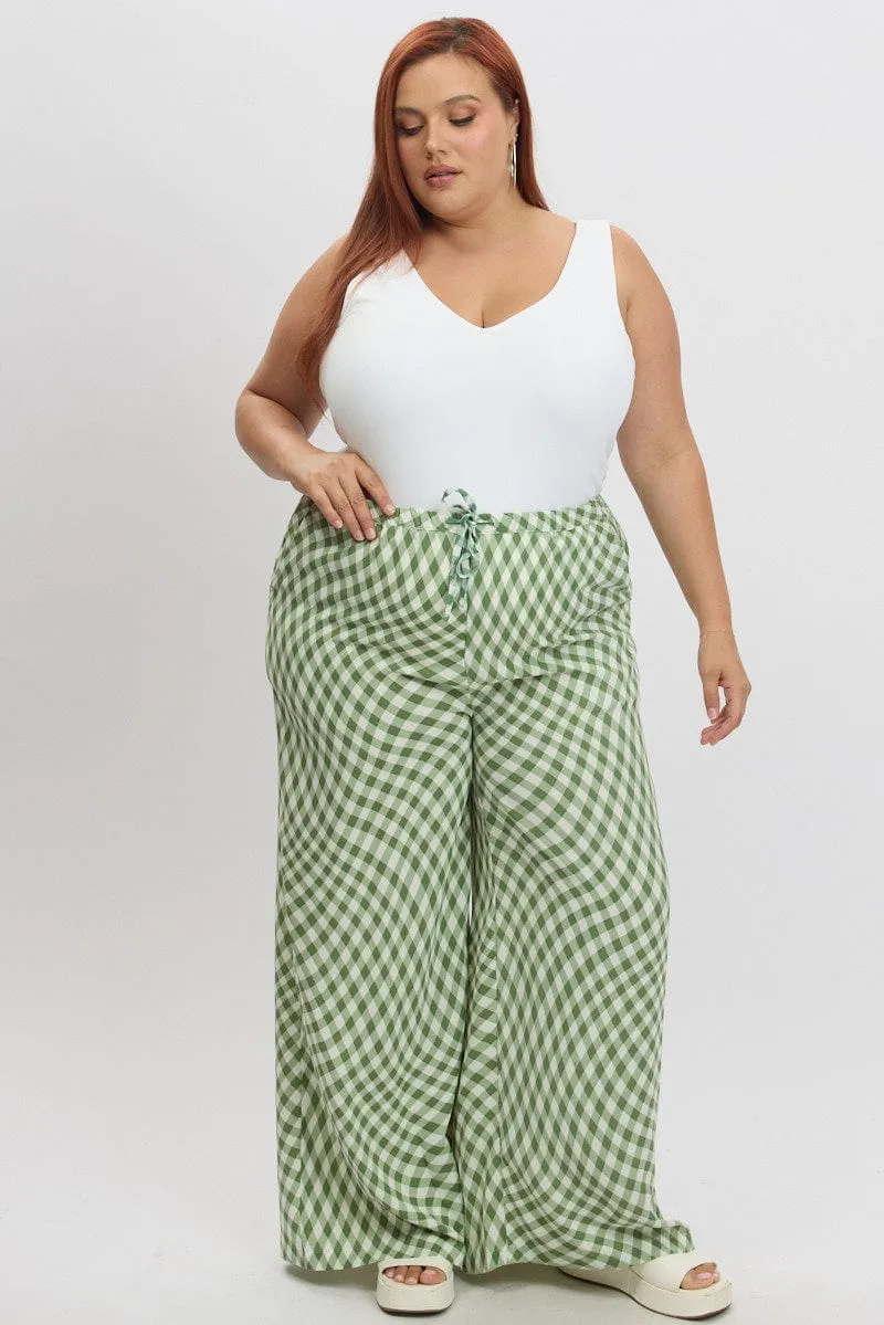 Green Check Drawstring Waist Wide Leg Pants Heat Friendly Functional Look