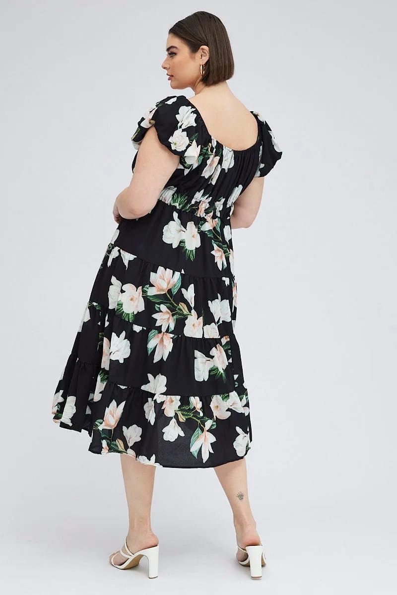 Black Floral Midi Dress Short Sleeve Tiered Ruched Comfy Look