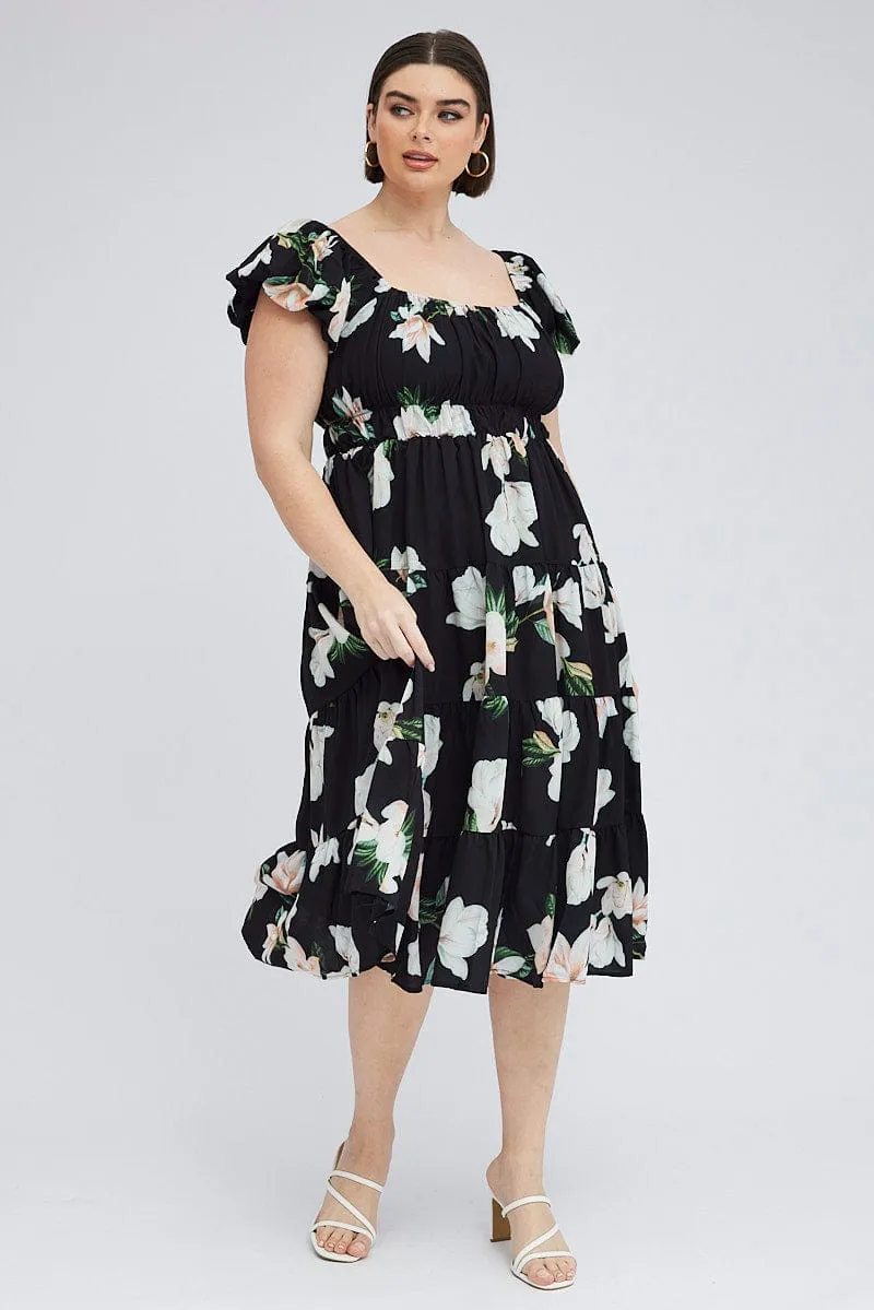 Black Floral Midi Dress Short Sleeve Tiered Ruched Stone Touch