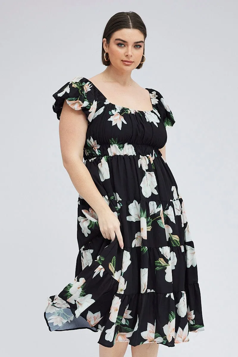 Black Floral Midi Dress Short Sleeve Tiered Ruched Go Light