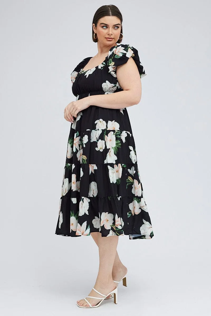 Urban Ethnic Black Floral Midi Dress Short Sleeve Tiered Ruched