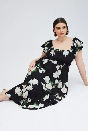 Self Love slow life Black Floral Midi Dress Short Sleeve Tiered Ruched