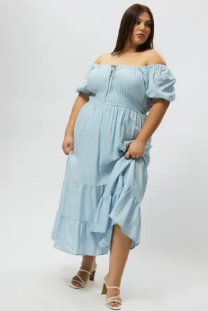 Feast Table Practical yet fashionable midi Blue Tiered Midi Dress Short Sleeve Ruched Bust