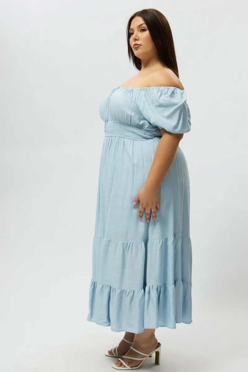 Blue Tiered Midi Dress Short Sleeve Ruched Bust Layer Light Flattering Outfit
