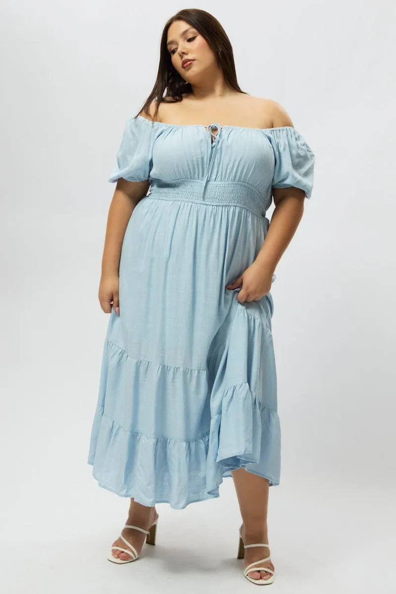 Poetic Mood Blue Tiered Midi Dress Short Sleeve Ruched Bust