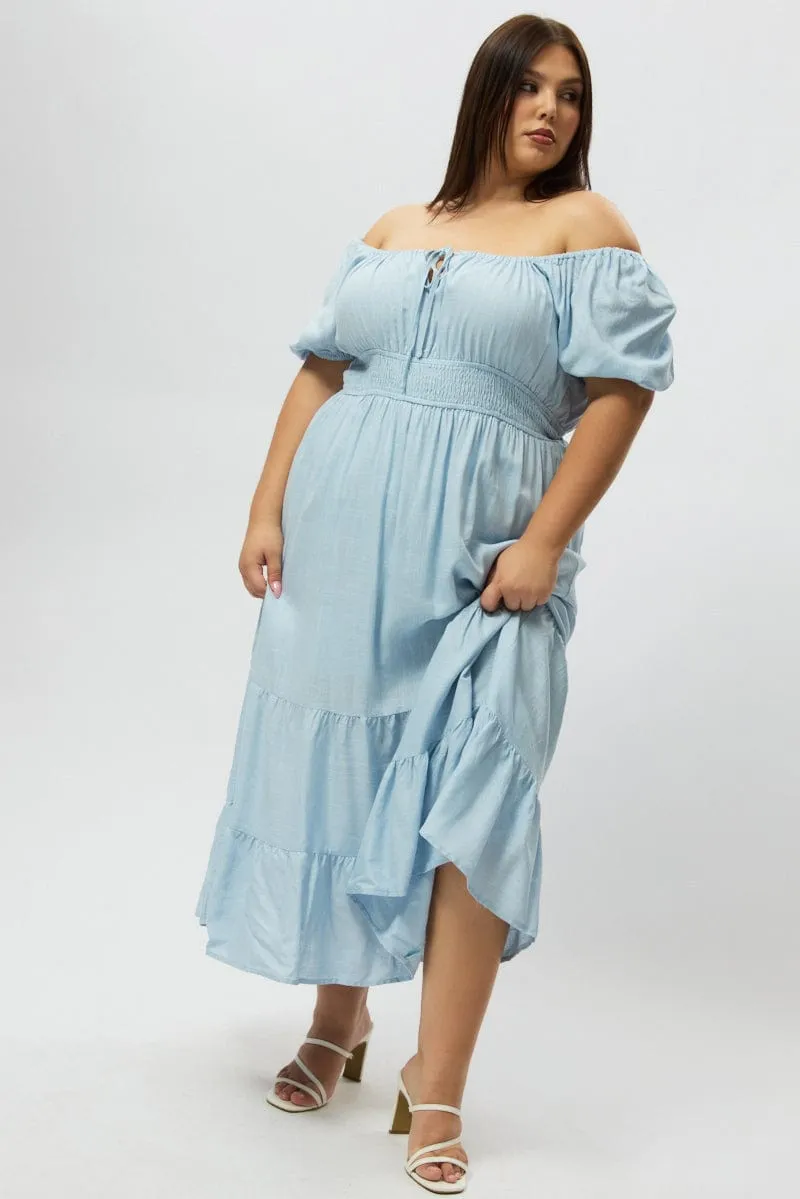 Feast Table Practical yet fashionable midi Blue Tiered Midi Dress Short Sleeve Ruched Bust