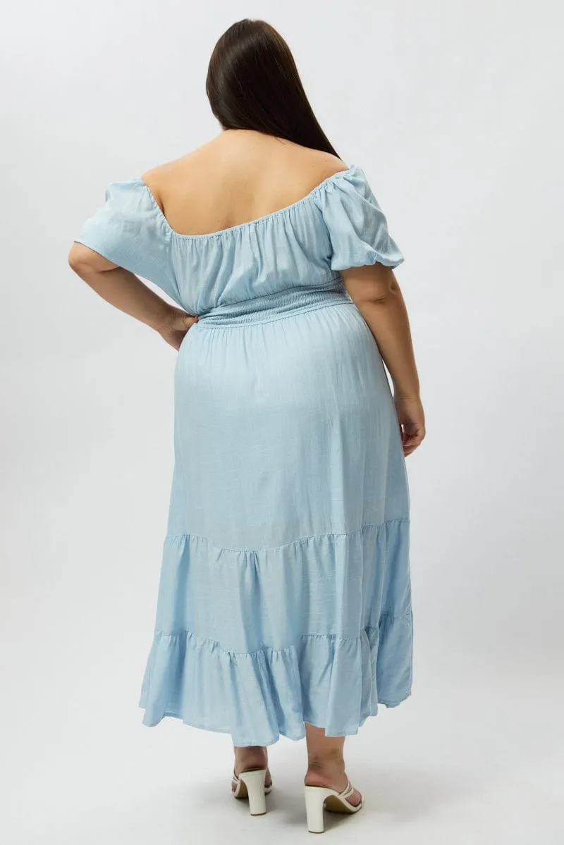 Chorus Night Classy Attire Blue Tiered Midi Dress Short Sleeve Ruched Bust