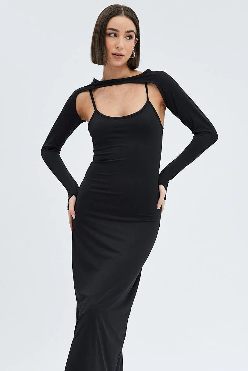 Black Shrug & Dress Set Long Sleeve Maxi Bodycon Jersey Elegant formal affair gown Wood Glow