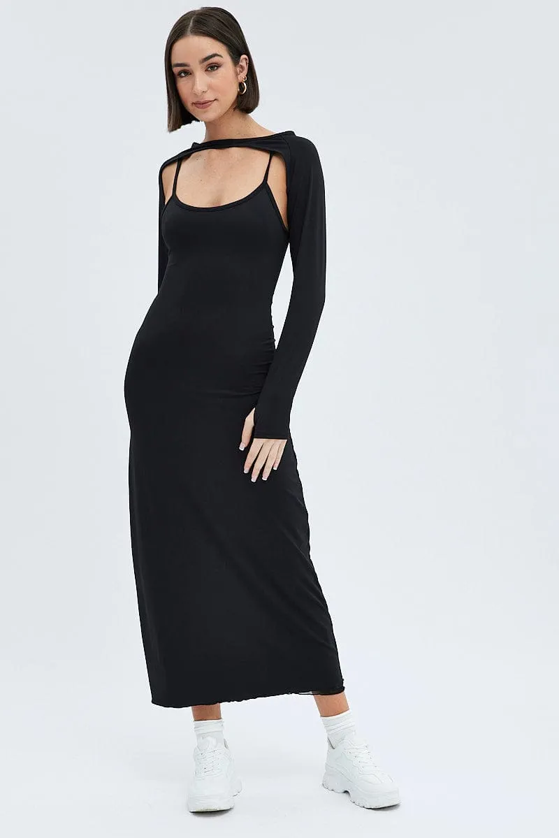 Tropical Air Black Shrug & Dress Set Long Sleeve Maxi Bodycon Jersey
