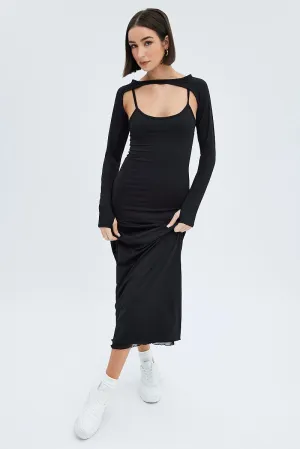 spring fresh Fur Glow Black Shrug & Dress Set Long Sleeve Maxi Bodycon Jersey