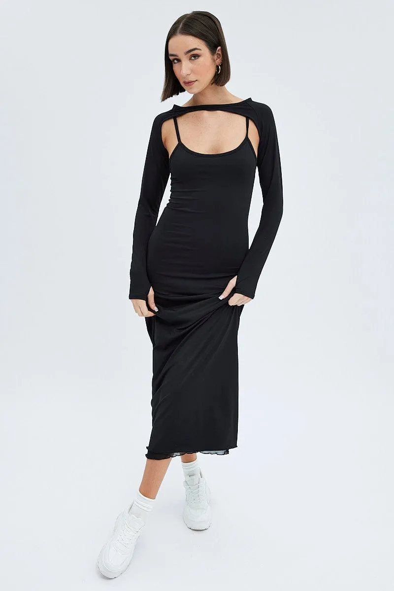 spring fresh Fur Glow Black Shrug & Dress Set Long Sleeve Maxi Bodycon Jersey