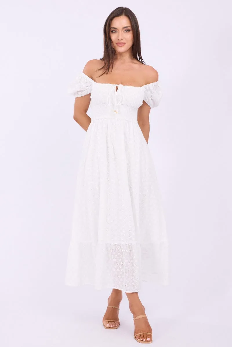 White Maxi Dress Puff Sleeve Eyelet Fabric Dinner Date