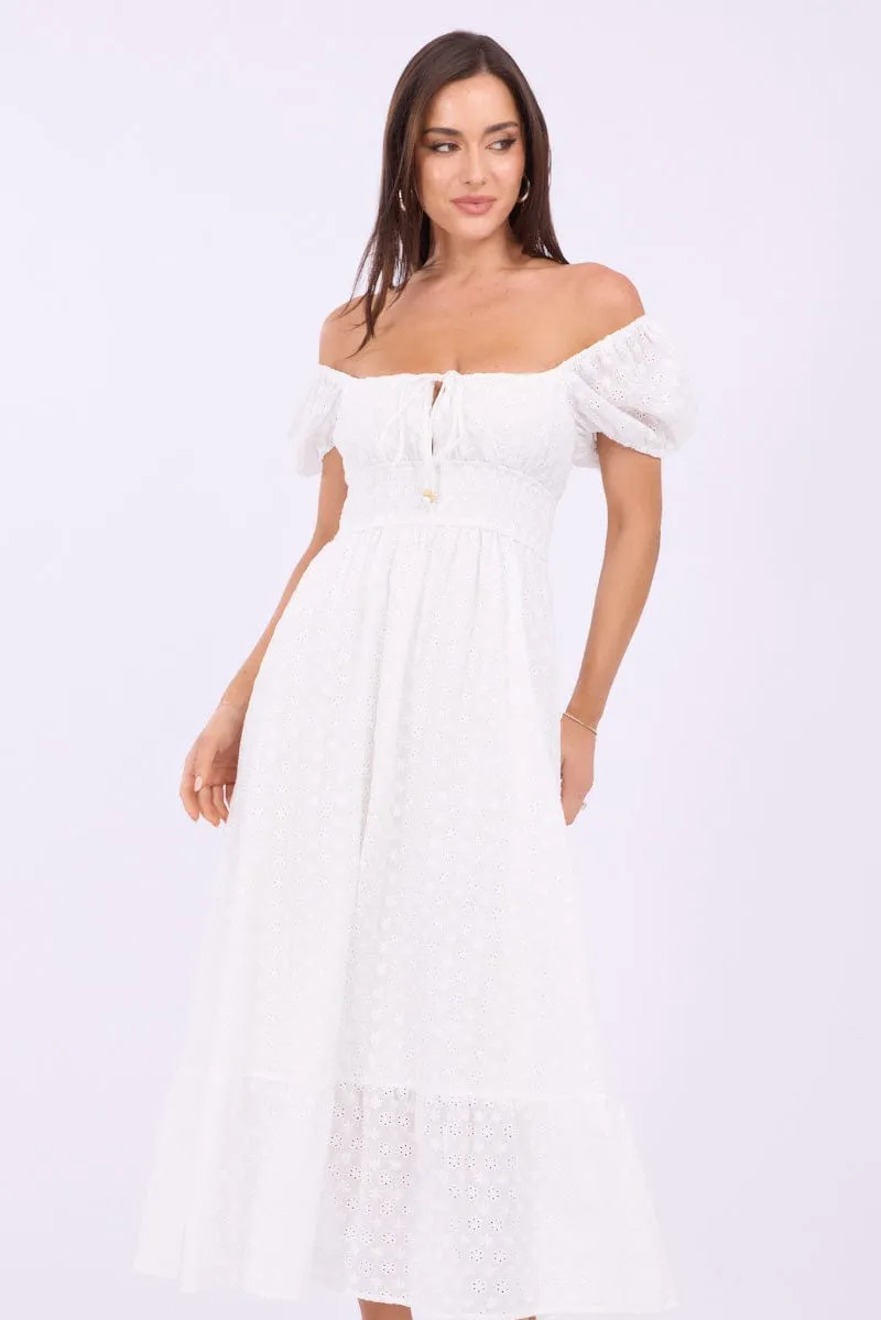 White Maxi Dress Puff Sleeve Eyelet Fabric Square View Bead Work