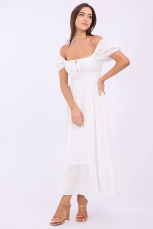 White Maxi Dress Puff Sleeve Eyelet Fabric Cool Air