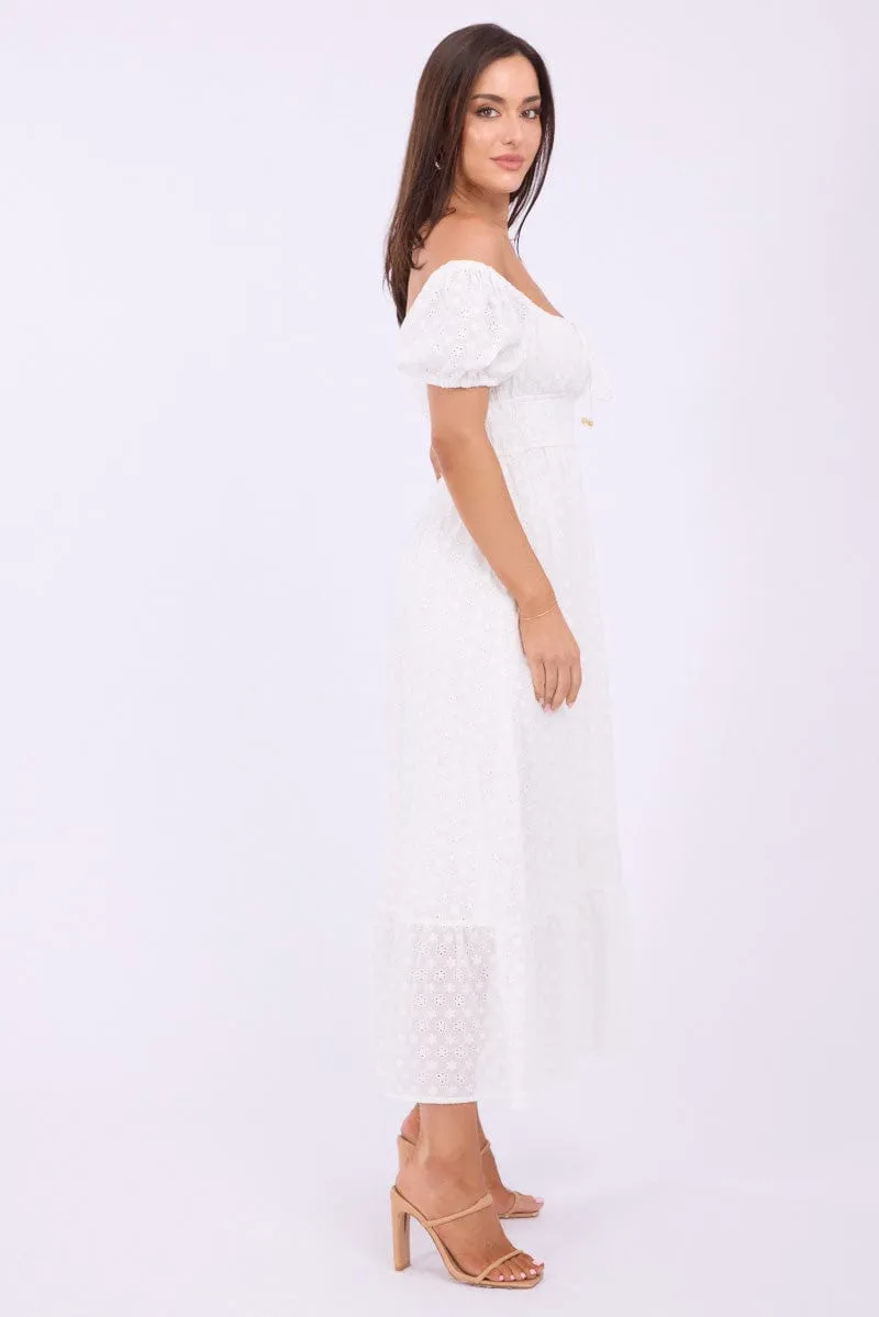 White Maxi Dress Puff Sleeve Eyelet Fabric Fall Path With its relaxed fit this dress is perfect for both casual and formal settings