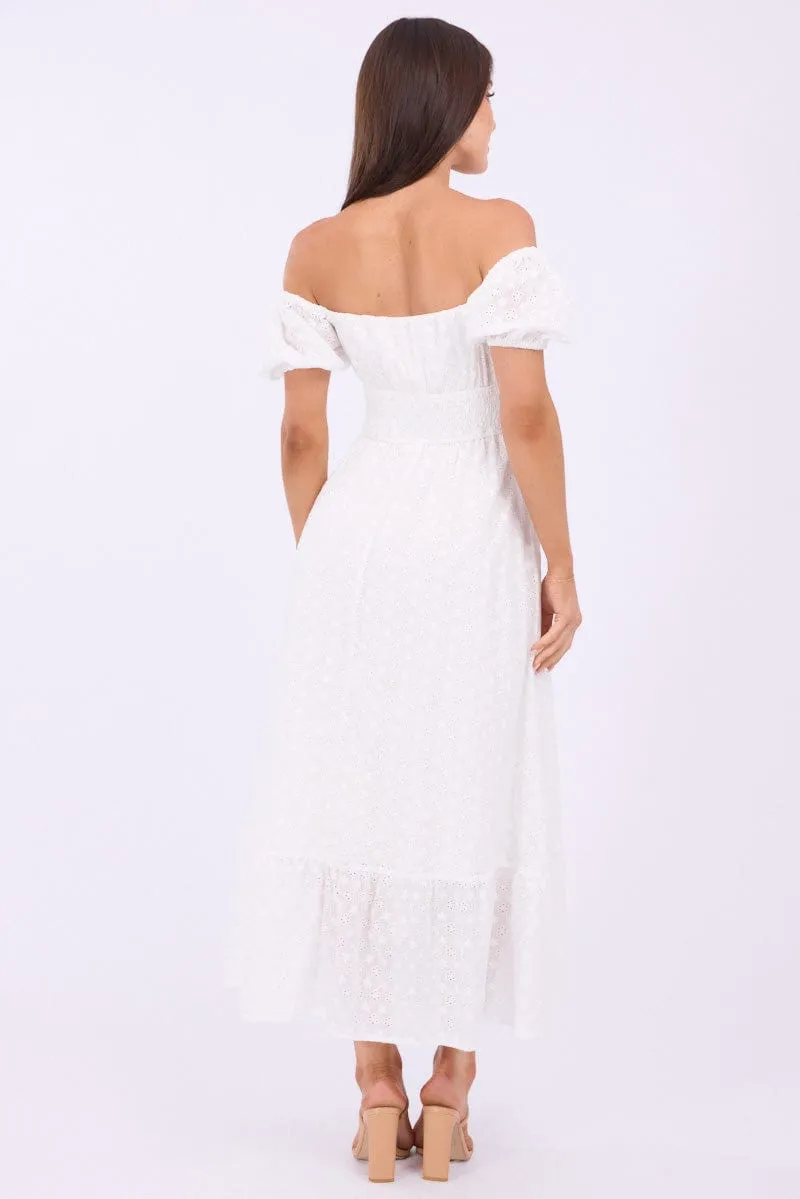 White Maxi Dress Puff Sleeve Eyelet Fabric Amber Glow Casual yet elegant outfit