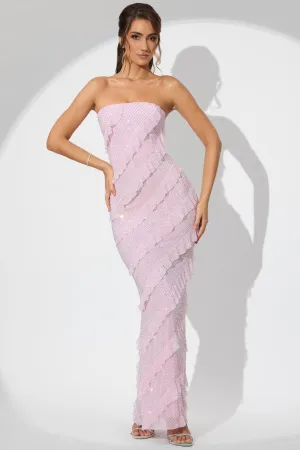Sunset Peak Embellished Strapless Ruffle Maxi Dress in Soft Pink