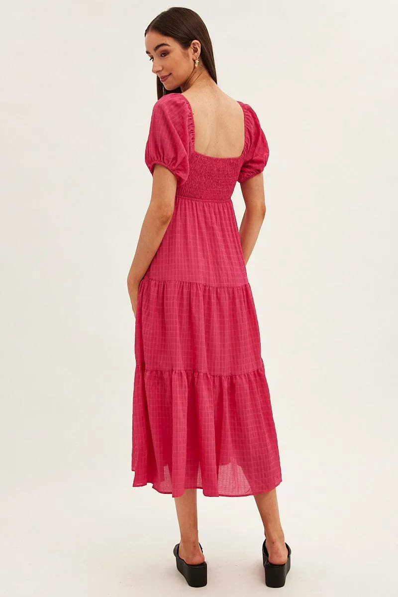 Marble Step Milky Glow Pink Maxi Dress Sweetheart Neck Puff Sleeve