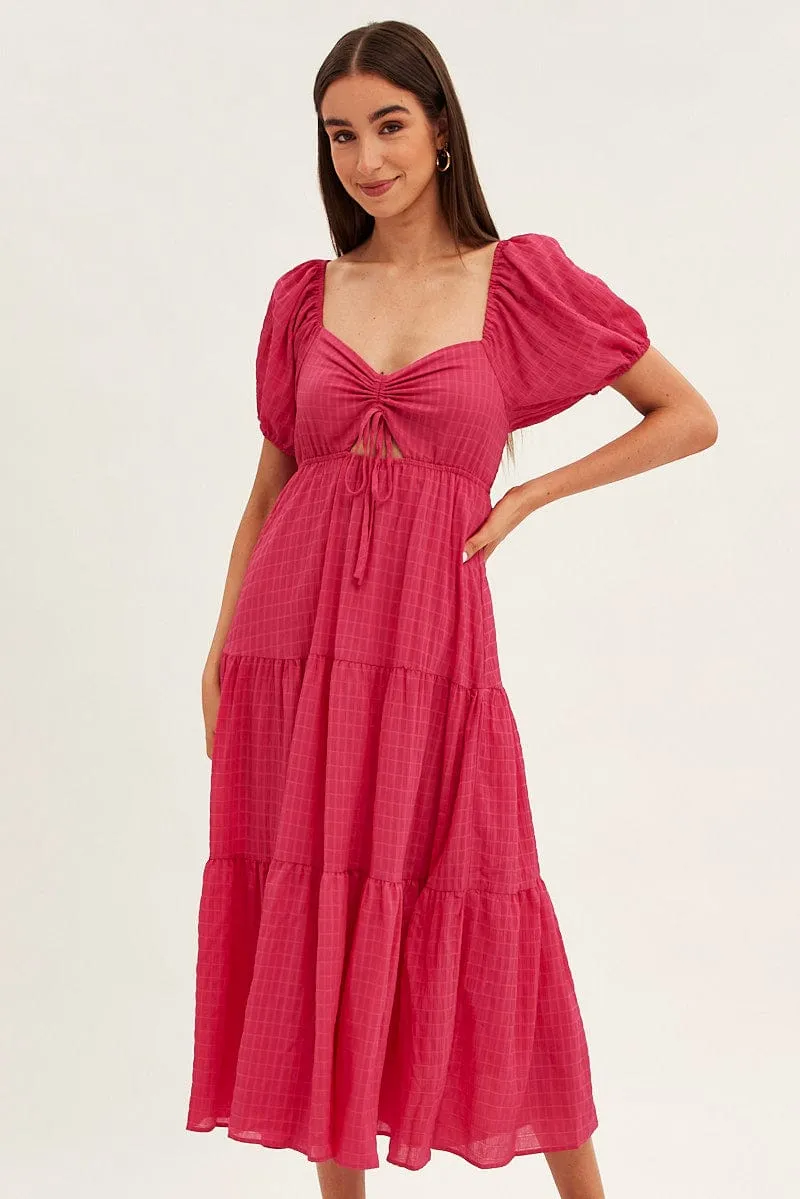 The versatile design of this maxi dress allows for easy styling with a variety of accessories Sun Bay Pink Maxi Dress Sweetheart Neck Puff Sleeve