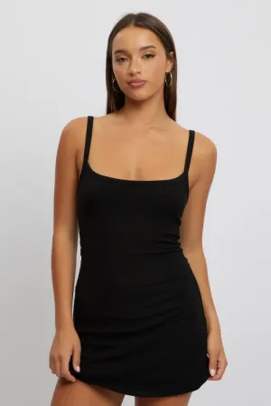 Black Mini Dress Sleeveless Rib A-Line Skin Tint Tagless Design