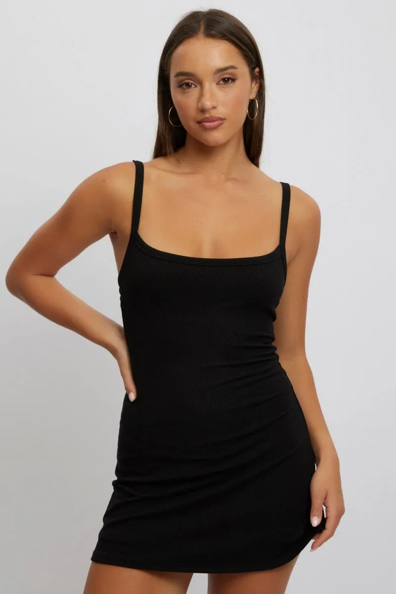 Black Mini Dress Sleeveless Rib A-Line Convertible Straps Unisex Fit