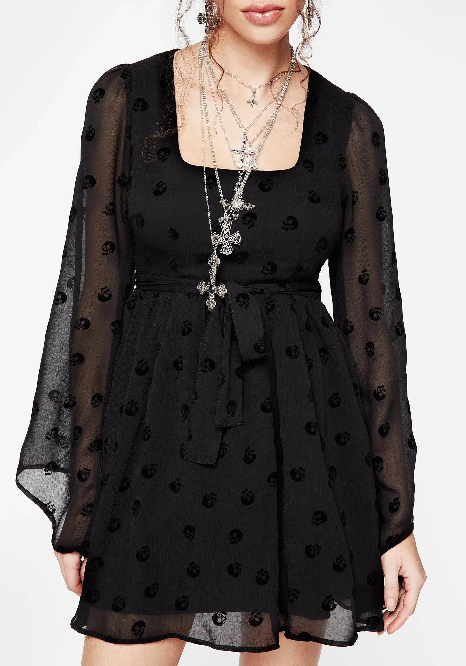 Daring Mode Bones Flocked Chiffon Mini Dress