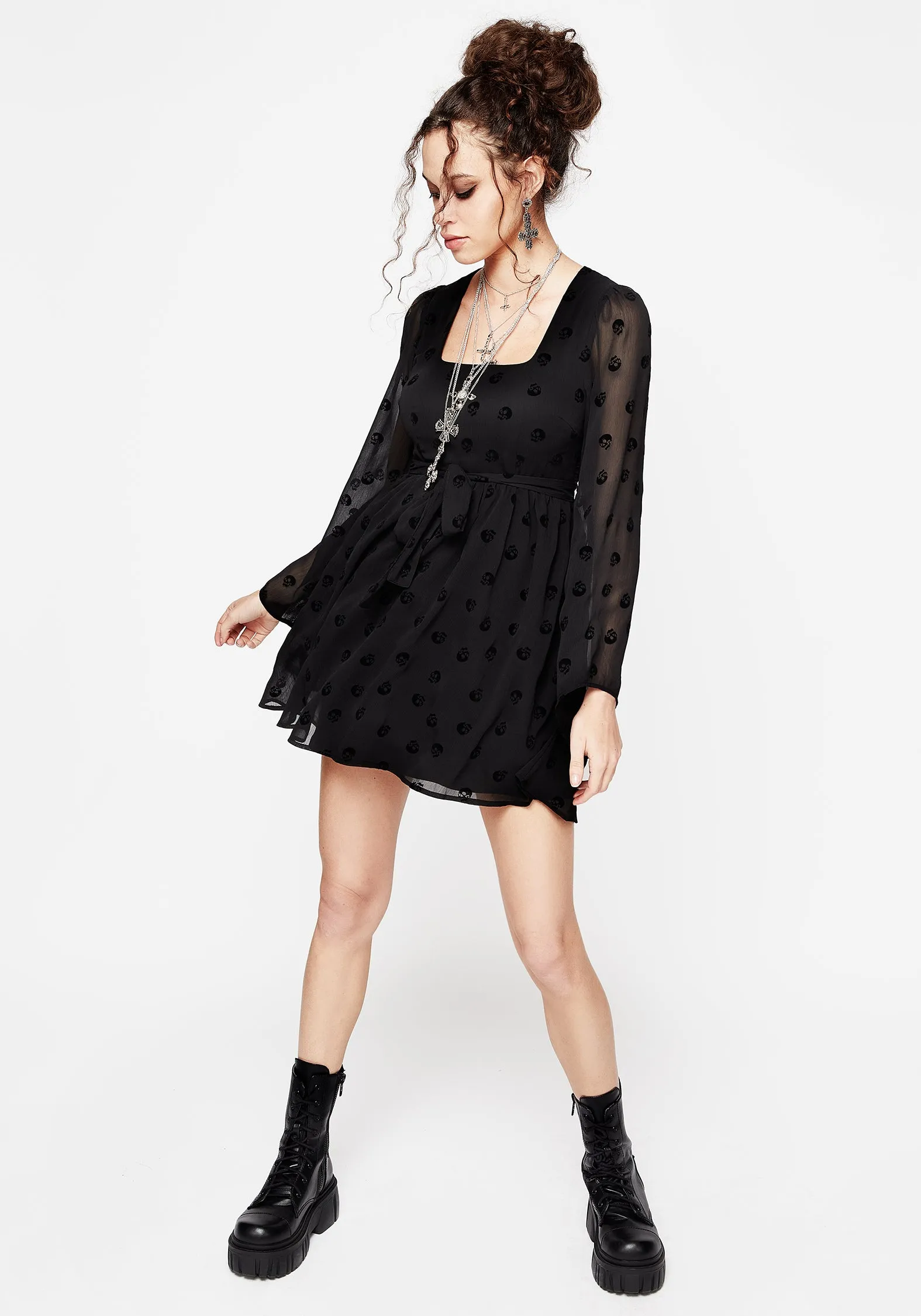 Bones Flocked Chiffon Mini Dress Weighted Hem